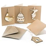 Logbuch-Verlag 4 Osterkarten mit Osteranhänger 4 Motive aus Holz - Grußkarte Ostern braun 10,5 x 15 cm mit Holzanhäng