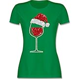 Weihnachten & Silvester Geschenke Party Deko - Weinglas mit Weihnachtsmütze - XL - Grün - Bluse Weihnachten - L191 - Tailliertes Tshirt für Damen und Frauen T-S