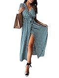 ORANDESIGNE Maxikleid Damen Sommerkleid Boho Tupfenmuster Kurzarm V-Ausschnitt Kleider Lang Strandkleid Böhmisch Kleid Ballkleider Abendkleider Cocktailkleider A Blau XL