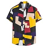 Yowablo Herren Hemd Standard-fit Hawaiian Shirt Baumwolle Leinen Kurzarm Lässig Bedruckt Hawaiihemd Bluse T-Shirt (5XL,Mehrfarbig)