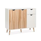 Meerveil Kommode, Sideboard Holz mit 1 Schubladen und 3 Türen für Wohnzimmer Schlafzimmer Flur, Weiß und Natur 90 x 30 x 73