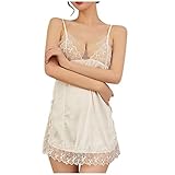 HCOO Damen Nachthemd Satin Negligee Lang Sexy Frau Nachtkleid Kurz Nachtwäsche Trägerkleid Sommer Sleepwear mit V Ausschnitt und Verstellbarer Schultergurt (Weiß,F)