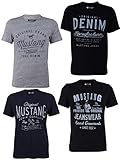 MUSTANG Herren T-Shirt 4er Pack Frontprint O-Neck Rundhalsausschnitt Kurzarm Regular Tee Shirt 100% Baumwolle Schwarz Weiß Grau Blau, Größe:L, Farbe:Farbmix (P12)