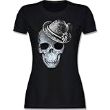 Kompatibel mit Oktoberfest Damen Trachtenshirt - Totenkopf mit Filzhut - L - Schwarz - Skull t Shirts Damen - L191 - Tailliertes Tshirt für Damen und Frauen T-S