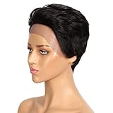 DÉBUT Echthaar Perücke mit Filmansatz kurz Pixie Damen Perücke Lace Front Wigs 22cm 79g (1B：schwarz)