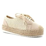 Angkorly - Damen Schuhe Espadrille Sneakers - Turnschuhe - Tennis - Plateauschuhe - Böhmen - Seil - Schnürung - mit Stroh Flache 5 cm - Beige 2 BL285 T 39