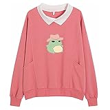 STOREYH Damen Kawaii Frosch mit Hut Druck Tops Lässig Loose Langarm Spleiß Revers Fleece Oberteile Tasche Pullover Sweatshirt Herbst Winter Bequem Atmungsaktiv Tee Frauen Bluse Wickel Tunika T-S