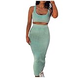 YBWZH Frauen Zweiteiler Schnalle Tank Tops Hohe Taille Elastische Röcke Bodycon Casual Crop Top Outfit Set Casual Weste Sport Fitness Set Elastische Tops + Röck