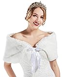 Coucoland Kunstpelz Hochzeit Braut Schal Stola mit Satin Band Bolero Schulter Bedeckung für Brautkleid Damen Flauschig Weich Faux Pelz Umschlagtuch (Weiß)