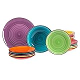 MamboCat 18tlg. Teller-Set Uni bunt | Edles Steingut-Geschirr | Speiseteller + Suppenteller 750 ml + Kuchenteller | 6 Farben |