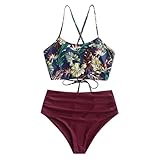 Jaysis Bikini Damen High Waist Push Up Sexy Sommer Badeanzug Zweiteiliger mit Blumen Druck Blattdruck Hohe Taille Bademode Bikinis Hose Strandkleidung Swimsuit Strandmode Swimw