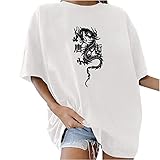 T Shirt Damen Oversized Pullover Modisches Lockeres Rundhals Kurzarm Sommer Tops Vintage Drucken Bluse Streetwear Sport Oberteile Retro Sweatshirt Teenager Mädchen Tunika Große Größe Long