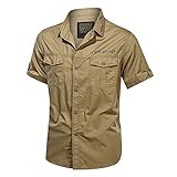 moroess kurzarm Shirt Freizeithemden draussen Lässiges, mit Baumwolle gewaschenes Hemd kurzarm im Militärstil in Übergrößen kurzärmliges hemd herren sommer hemd(Khaki,XXL)