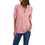Damen Chiffon Blusen Elegante Reißverschluss Langarmshirts Bluse Tunika Oberteile T-Shirt V-Ausschnitt Tops Damen T-Shirt Sommer Tunika Lose Oberteil V-Ausschnitt Tops Top