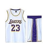 Basketball Trikot für Lebron Raymone James No.23 Lakers Fans Basketball ärmellose Anzug Kinder Erwachsene schwarz lila Sportswear T-Shirt Weste + Shorts jugendlich weiß gelb Sweatshirt-White-L