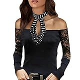 Bluse Damen Strass Elegant Sexy Spitze V-Ausschnitt Hohle Langarm Pullover mit Schmetterling Druck Urlaub Oberteile Langarmshirts Sanft Hautfreundlich Schlank Frauen Tops Sonojie Sweatshirt Frühling