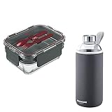 Westmark Set 'To Go', 2tlg., 1 Lunch Box, 1740 ml, zwei Etagen, mit Besteck + 1 Trinkflasche 1000 ml, mit Schutzhülle, Glas/Silikon/Edelstahl/PP, Transparent/Anthrazit/Grün/Silber/Klar, 236022E6