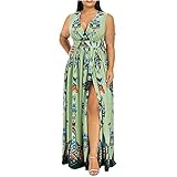 Sommer Lose GroßE V-Ausschnitt TräGerloses äRmelloses Kleid FüR Damen Langes Blumendruckkleid Mit Schlitzen LäSsiges Strandkleid Mit Elegantem S