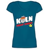 Karneval & Fasching Kostüm Outfit - Köln singt zohus Wappen weiß/rot - M - Türkis - Spruch - XO1525 - Damen T-Shirt mit V
