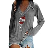 Langarmshirt Damen Weihnachtspullover V Ausschnitt Oberteil Casual Langarm Bluse Shirt Tops Herbst Winter Basic Pullover Sweatshirt Weihnachten Rotweinglas Muster Jumper Lose fit S