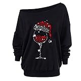 Lomelomme Damen Patchwork Weihnachtsdruck Weihnachtspullover Sweatshirt Diagonaler Kragen Freizeit Weihnachten Motiv Mode Langarm Herbst Winter Bluse Pullover Langarmshirt Weihnachtsp