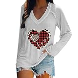 Valentinstag Oberteile Damen Lässiges Tshirt mit Liebesherz Motiv Pullover mit Kontrastnähten Langärmlige Pulli mit V Ausschnitt und Raglan Langarmshirts Valentinstagsgeschenk Basic S