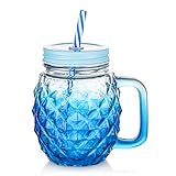 Trinkglas mit Henkel und Deckel 480ml - ZDZDZ Farbverlauf Trinkgläser Strohhalm ist wiederverwendbar - Bunt Ice Cold Drink Gläser, G