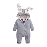 Neugeborenes Baby Unisex Bodysuit Nettes Hasenohr Langarm Reißverschluss Strampler Herbst Winter Pyjama Outfit, Grau, 59 (0-3 Monate)