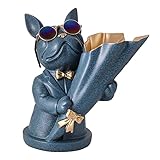 Vinbcorw Französische Bulldogge Figur mit tablett Edelstahl,Tischdekoration skulptur deko,schlüssel Schale Statue Kleinteile, Behälter, obstschale,Schlüsselbonbons Organizer,Blau,F