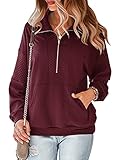 AQOTHES Damen Casual Half Zip Up Pullover Sweatshirts Mode Lose Uni Langarm Tops mit Taschen, Weinrot, L