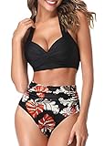 AOQUSSQOA Frauen Zweiteilige Tankini Badeanzüge High Waist Halfter Vintage Bikini Set Damen Bademode (Black Maple, XL)