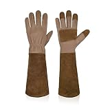 HANDLANDY Lange Gartenhandschuhe für Männer und Frauen, Schweinsleder, Rosen-Handschuhe, atmungsaktiv und langlebig, mit dornsicheren Stulpen (L, Braun)