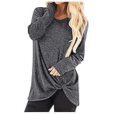 Damen T-Shirts Top Langarm Twisted Pullover Casual Solid Rundhals Bluse Oberteile Slim F