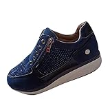 Damen Casual Fashion Sneaker Damen Slip On Low Wedge Walk Schuhe Kordelzug Reißverschluss Einfarbig Leder Sneakers Weiche Gummi Stoßdämpfung Laufschuhe Fahrradschuhe Damen, blau, 43 EU