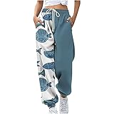 RKaixuni Jogginghose Damen Cargohosen Frauen Grau Sweathose Druck Fleece Hose mit Taschen Elastische Taille High Waist Stretch Loose Lange Jogger Harem Hosen Harajuku F