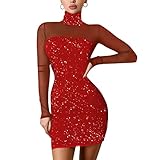 Sonojie Damen Netz Ärmel Kleider Bodycon Tief V-Ausschnitt Bleistiftkleid Minikleid Sexy Mesh Partykleid Figurbetont Shortkleid Hohe Taille Business Langarmkleid Schw