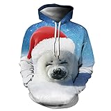 GOKOMO Unisex Kapuzen Fleece Pullover lässiger Weihnachtsdruck Weihnachten Tier Hässlicher Weihnachtspullover Christmas Ugly Sweater Fleece Sweatshirt Damen Herbst Winter Warm(L,Blau)