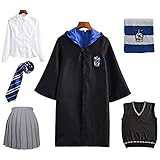 DJSC Kostüm Kinder Erwachsene Unisex Umhang gr hu Ravenclaw sl Outfit Set Cape Tie Shirt Hermine S, Halloween Geschenkkleidung
