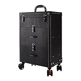 JSQWD Dreischicht-Schubladentyp-Trolley-Kosmetik-Hülle, Der Kosmetische Zugkasten Aluminium Mit Gleitschublade Abnehmbarer Schublade Rollt PU. Kosmetisches Kosmetisches Fall (Color : Black)