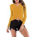 Frauen Pullover Sexy V-Ausschnitt Langarm Strickpullover Kreuz Lose Lässige Strickpullover Tops Frauen Cross Wrap Front Stricken V-Ausschnitt Unregelmäßiger Saum Pullover Pullover Lange Ärmel Top