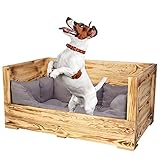 Truhenking Tolles Hundebett aus Holz mit Polsterung Holzkiste mit besonderer Holzmaserung und großem Einstieg| Neu | 90x57x45cm | Hundebett mit dickem & w