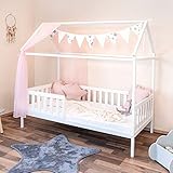 Hausbett 80x160 cm ohne Schubladen - 3 bis 9 Jahren - vielseitiges Holz Kinderbett für Jungen & Mädchen - Massivholz Kinder Bett mit Rausfallschutz und Lattenrost Kinderbett 160x80 cm - Weiß