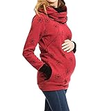 Lazzboy Hoodie Damen Umstands Langarm Sweatershirt Jack Stillpullover Winter Warm Löwenzahn Drucken Zweilagiges Sweatshirt Mit Taschen Für Schwangerschaft Basic Umstandsmode ( Rot,S )