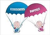 Süße Zwillings Babykarte/Glückwunschkarte zur Geburt von Zwillings Mädchen und Junge mit rosa und blauen Babys an Fallschirmen: Gemischtes Doppel!!