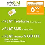 winSIM Handyvertrag LTE All 5 GB - ohne Vertragslaufzeit (FLAT Internet 5 GB LTE mit max. 50 MBit/s mit deaktivierbarer Datenautomatik, FLAT Telefonie, FLAT SMS und EU-Ausland, 6,99 Euro/Monat)