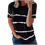 MRULIC Damen Oberteile Kurzarm Rundhals Streifen Lose Tunika Bluse Hemd Frauen Sommer Pullover Sommerbluse Sommertop Tops(Schwarz,M)