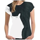 Damen Sommer O-Neck Casual Kurzarm T-Shirt Mode Schwarz und weiß 3D Katzendruck Bedrucktes Kurzarmshirt Slim Tops Vintage Lässig