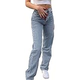 Jubaton Frau Jeans Hohe Taille Schmetterling Druck Mode Bequeme Sexy Gerade Bein Knopf Distressed Hose M