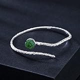 925 Silver Rose Flower Green Jade Cuff Bangles for Women Chinese Style Handmade Female Vintage Jewelry (Gem Color : Green)