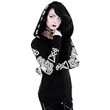 LUNULE Gothic Damen Punk Winterjacke Halloween Karneval Kapuzenpulli Schwarz Vintage Hoodie Jacke für Frauen Langarm Druck Kapuzenjacke Cosplay Kostüm Streetwear Sweatshirt Übergangsmantel für F